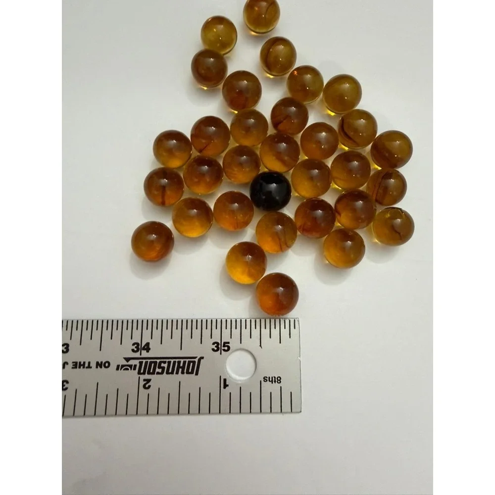 Vintage Amber Glass Marbles Lot 32pc Translucent Brown Black Swirl 0.5 Inch